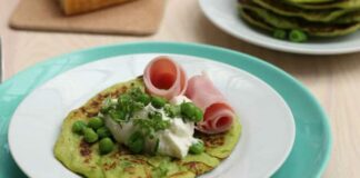 pancakes aux petits pois WW, de délicieux pancakes salés facile et simple à réaliser, à déguster avec des tranches de jambon pour un repas léger.